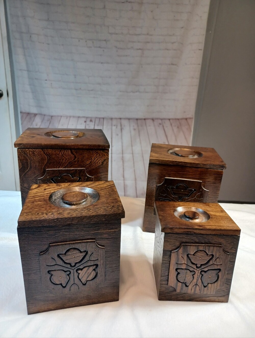 vintage sears 1976 made in japan floral cut out wood 4pc canister set mint - Picture 3 of 16